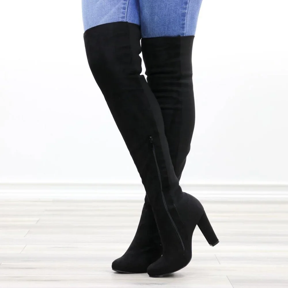 Black Over-the-Knee Boots Pointed Toe Faux Suede High Block Heel